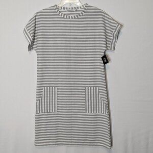 Women's MISSLOOK, Gray & White Striped Short Sleeve Shift Pencil Dress; Size M